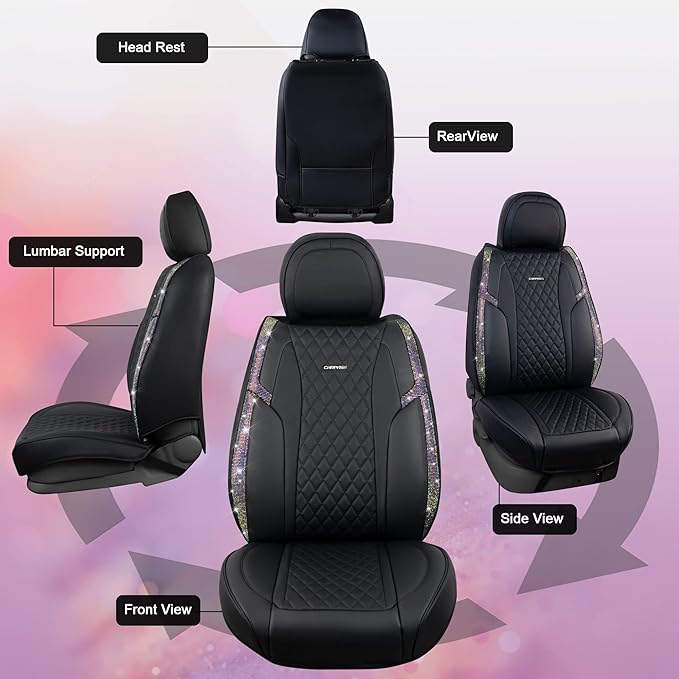 CAR PASS Iridescent Diamond &NAPPA Calfskin Leather Cushioned,Bling Seat Covers,Waterproof Heavy-Duty Anti-Slip,Universal Fit