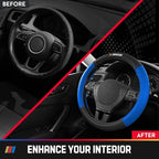 NASCAR Steering Wheel Cover, Two-Tone Blue Leather Patchwork, Universal Fit 14.5"-15.5" Steering Covers for Cars, Anti-Slip, 