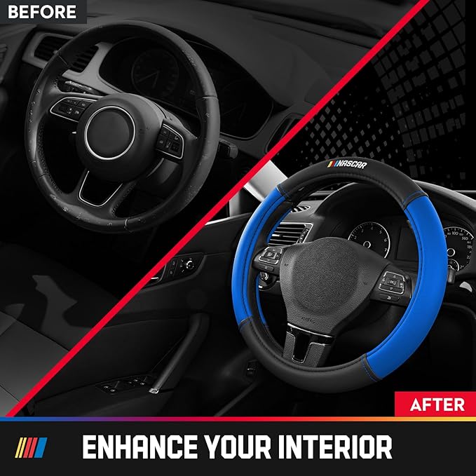 NASCAR Steering Wheel Cover, Two-Tone Blue Leather Patchwork, Universal Fit 14.5"-15.5" Steering Covers for Cars, Anti-Slip, 