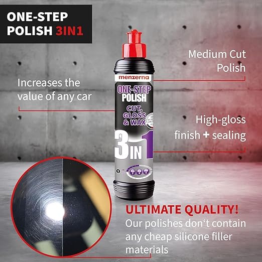 menzerna All-in-One polishing Kit I Car polishing Set with Menzerna One-Step Polish 3in1 (8oz) and 3.5 Inch Polishing Pad I Moderate Scratch Remover, high Gloss and Wax Kit for All Types of Vehicles