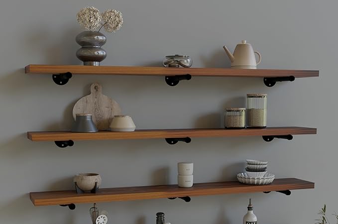 Industrial Pipe Wall Wood Shelves,Real Wooden Shelves 48" in Special Brown Color with 1.2" Extra Thickness, Modern Floating S