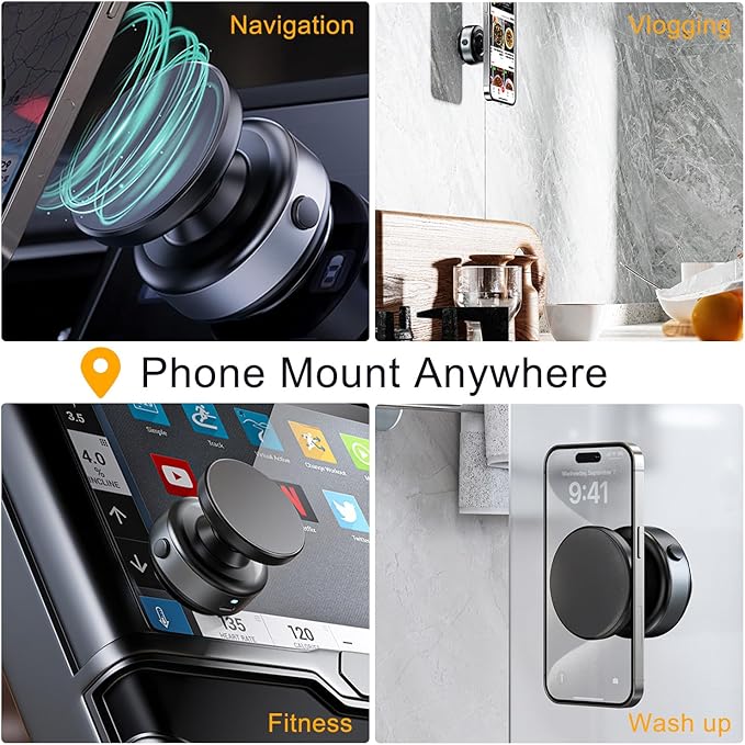 Auto Suction Cup Phone Mount, Quick-Release Vacuum Magnetic Car Phone Holder for Smooth Surface/Gym/Mirror, 360 Adjustable for Magsafe iPhone 17 16 Air Pro Max 15