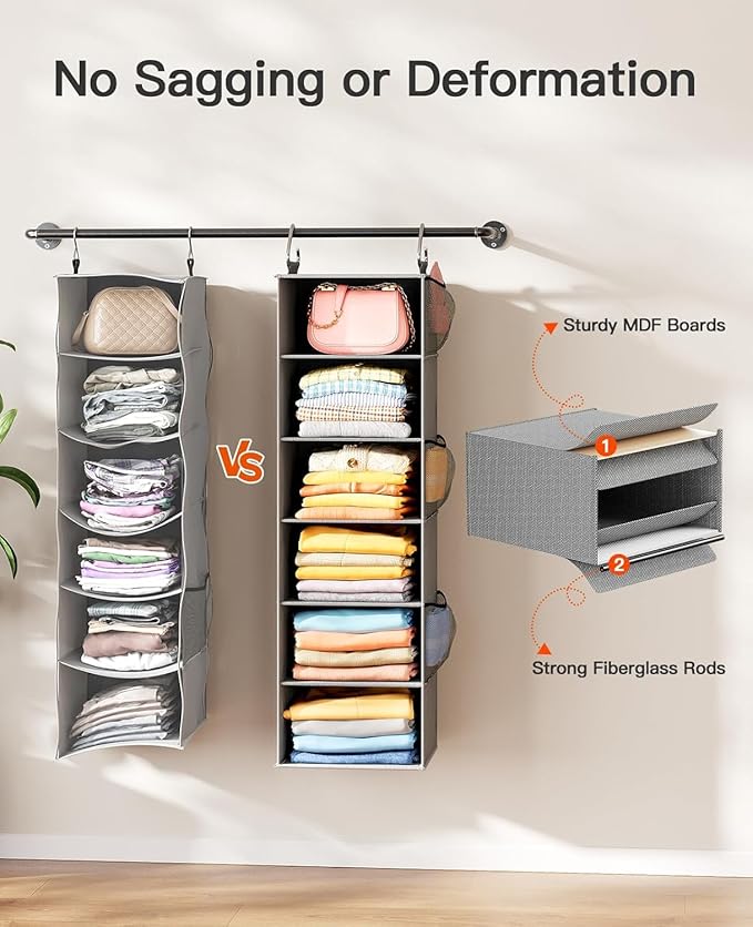Pipishell Hanging Closet Organizer 6-Shelf, Hanging Shelves for Closet with 3 Removable Drawers & Side Pockets for Bedroom, G
