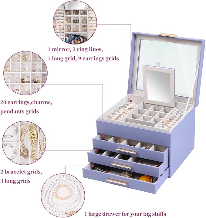 BOOVO Clear Lid Jewelry Box,4 Layers Jewelry Organizer Large Jewelry Storage Box with 3 Drawers,Jewelry Holder Organzier of R