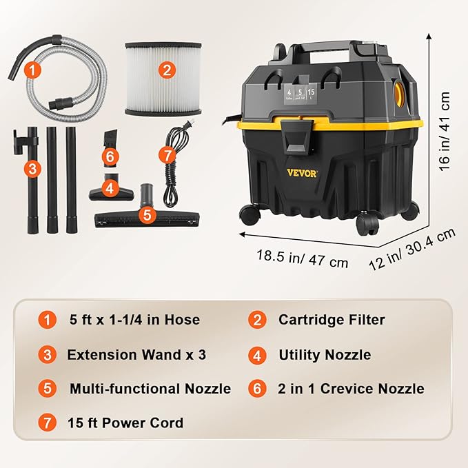 VEVOR 4 Gallon 5.0 Peak HP Wet and Dry Shop Vac， Portable Shop Vacuum and Blower 3-in-1 with Filter, Hose and Attachments for