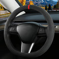 Suede Steering Wheel Cover for Tesla Model 3/Y, Anti Heat, Breathable, Anti-Slip,Leather Steering Wheel Cover 14-14 1/4 in (35.5-36 cm) (Black 02 with Red Mark)
