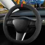 Suede Steering Wheel Cover for Tesla Model 3/Y, Anti Heat, Breathable, Anti-Slip,Leather Steering Wheel Cover 14-14 1/4 in (35.5-36 cm) (Black 02 with Red Mark)