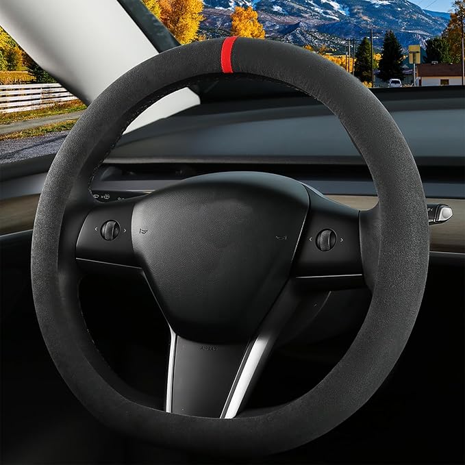 Suede Steering Wheel Cover for Tesla Model 3/Y, Anti Heat, Breathable, Anti-Slip,Leather Steering Wheel Cover 14-14 1/4 in (35.5-36 cm) (Black 02 with Red Mark)