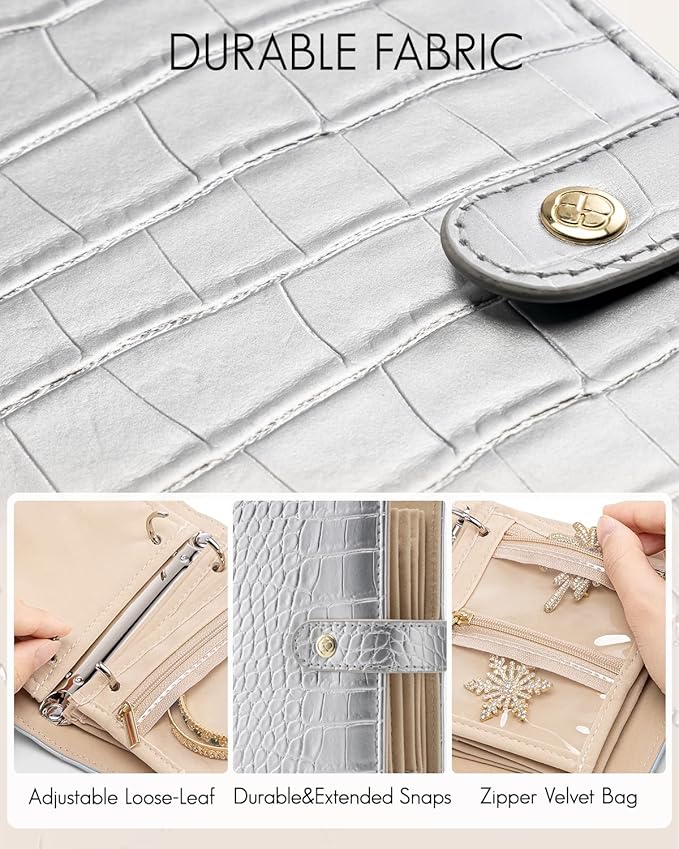 Vlando Travel Jewelry Organizer Case,Travel Gifts for Women,Portable Jewelry Storage Book Ring Binder with Clear Zipper Velve