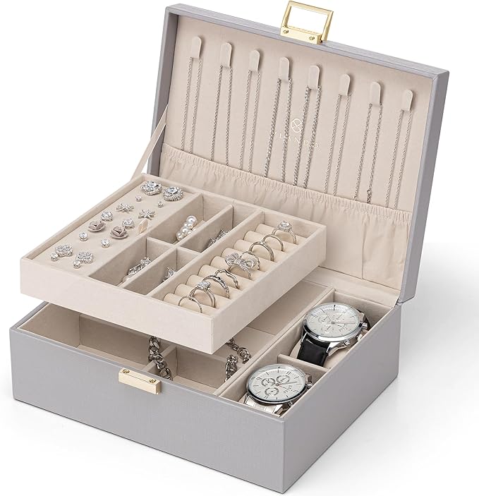 VLANDO 2 Layer Jewelry Box Large Jewelry Organizer for Women Removable Jewelery Tray with Watch Pillow for Necklace Earrings 