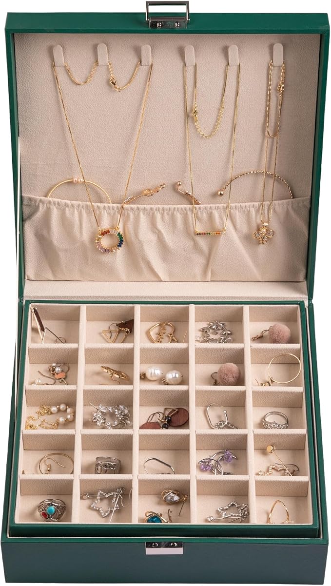 Frebeauty Earring Organizer Classic Jewelry Box 50 Slots Double Layer Jewelry Storage Case with 6 Necklace Hook and Bracelet 
