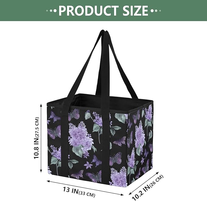 Purple Flowers Reusable Grocery Bags Large Shopping Tote Bag with Reinforced Bottom Board, Water Resistant Foldable Storage B