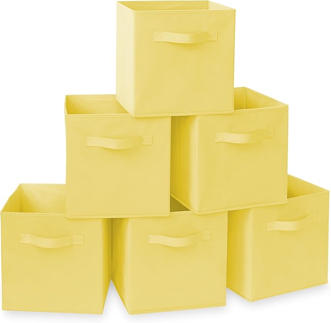 Casafield Set of 6 Collapsible Fabric Cube Storage Bins, Yellow - 11" Foldable Cloth Baskets for Shelves, Cubby Organizers & 