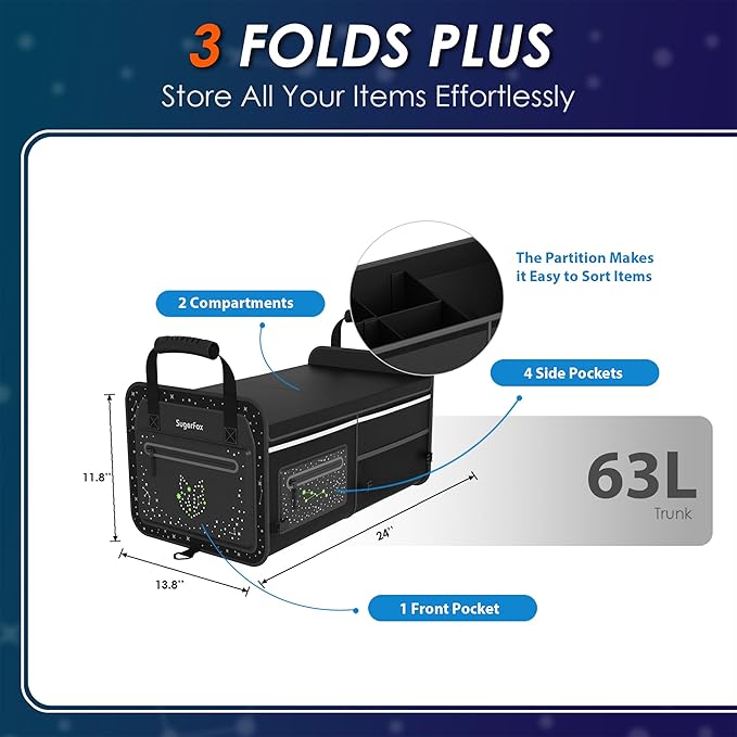 63L Car Trunk Organizer for SUVs & Small/Midsize Cars - Fluorescent Design, Waterproof, Collapsible with Adjustable Straps (Bl
