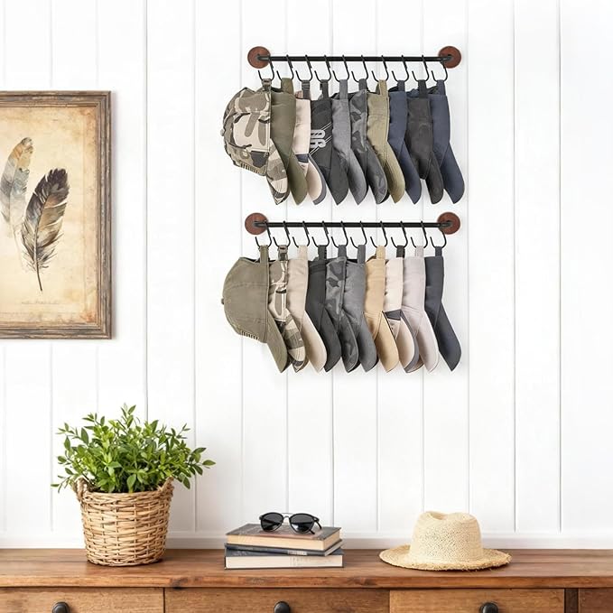 Mkono Hat Rack for Wall Hat Organizer for Baseball Caps Hanger with 20 Hooks Modern Metal Hat Holder Wall-Mounted Ball Caps D