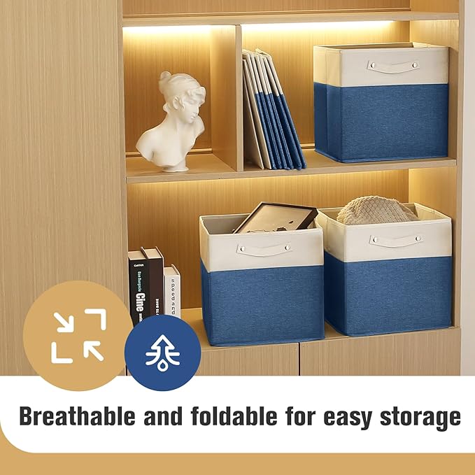 FinishingBo 13 x 13 Inch Fine Linen Storage Bins with Handles，Fabric Cube Boxs，Basket Organizers for Shelves for Home, Closet