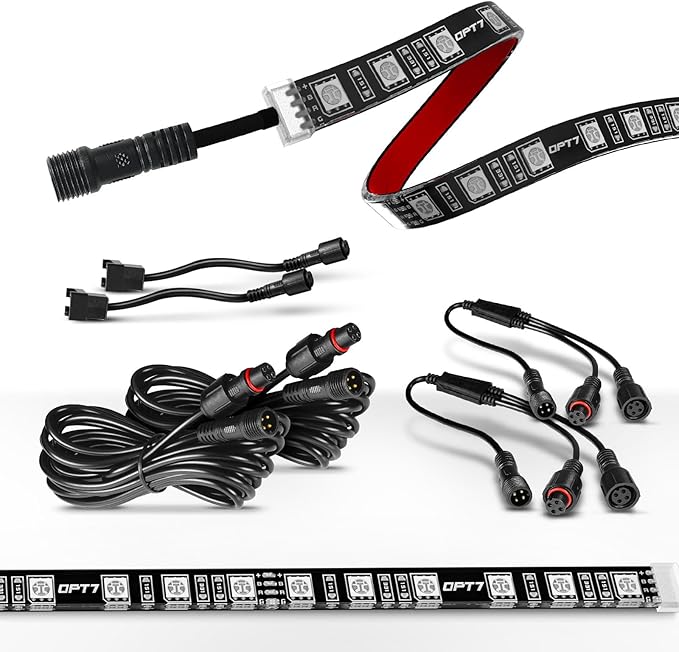 OPT7 Aura Single Row Expansion Pack - 2pc 24” RGB Multicolor LED Strips w/Splitters and Extension Wires for Interior, Wheel, Grille, Engine Bay, Golf Cart, Boat, Car, Truck, Van, SUV Decor Lighting