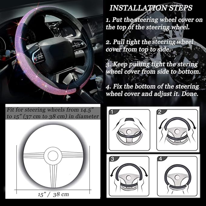 ChuLian New Diamond Leather Steering Wheel Cover with Bling Bling Crystal Rhinestones, Universal Fit 15 Inch Car Wheel Protec