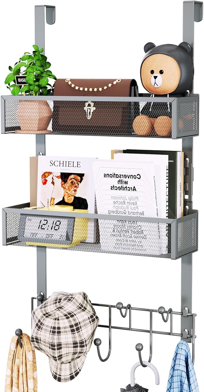 HapiRm Over The Door Hanger with Coat Hooks and 2 Baskets, Rustproof & Waterproof Over The Door Hooks, Storage Organizer for 