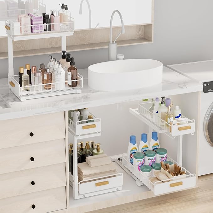 2 Pack Under Sink Organizer with Ball Bearing Sliding Drawer, Heavy Duty Pull Out Cabinet Organizer, 2 Tier Adjustable Storag