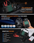 Portable Car Jump Starter with Air Compressor - 3000A/150PSI, 12V Portable Jump Box for 5.0L Diesel & 8.0L Gas, Compact Battery Jump Pack, Extended Smart Jumper Cables, USB Outputs, and Lights