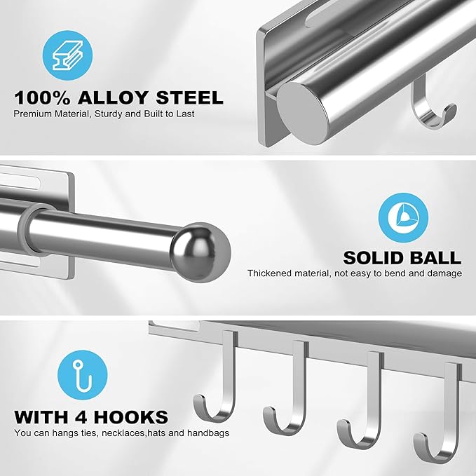 2 Pack Valet Rod for Closet Retractable with 4 Hooks, 13.4"-23.2" Pull Out Clothes Rail, Heavy Duty Alloy Steel Side Mount Wa