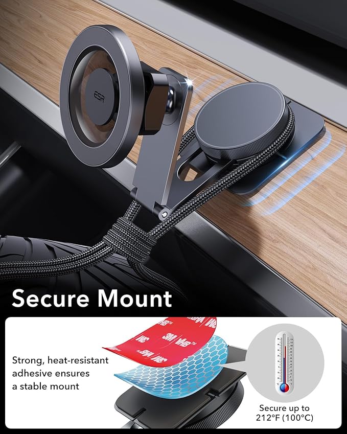 ESR for MagSafe Car Mount, Magnetic Car Mount,Dashboard/Tesla Touchscreen Phone Holder, Magnetic Phone Holder for Car, for iPhone 16/16e/15/14/13/12, S25,Charging Not Supported(2 Metal Rings included)