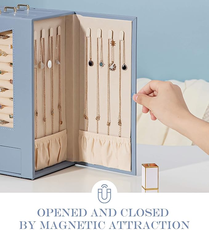 Homde Jewelry Organizer with Transparent Window Necklace Hooks Gift for Women Jewelry Box Display Case for Necklaces Rings Ea