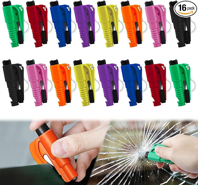 16Pcs Car Window Breaker Key Chains, Portable 3 in 1 Glass Breaker/Seat Belt Cutter/Survival Whistle, Safety Emergency Escape