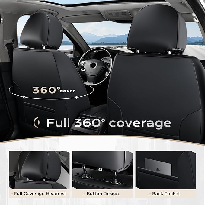 Coverado Car Seat Covers Full Set, Waterproof Nappa Leather Seat Covers for Car, Car Seat Protector with Lumbar Support, Auto