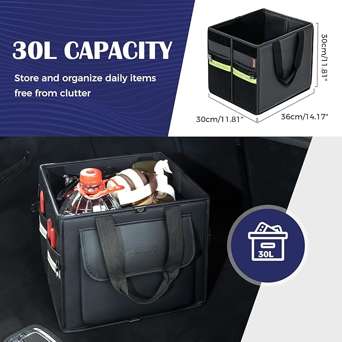 Coverado Trunk Organizer for Car- Nappa Leather Trunk Organizer for SUV with Lid, 30L Multi Collapsible Car Storage Organizer F