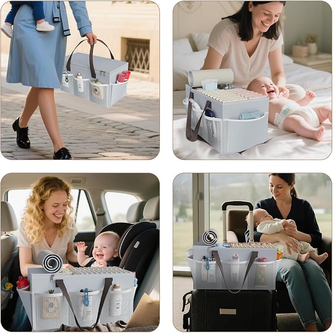 2In1 Baby Diaper Caddy & 3-Tier Rolling Diaper Cart, Diaper Caddy Organizer Cart with Dividers & 12 Pockets, Nursery Bedside 