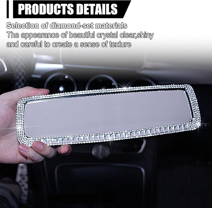 ZIMISI Bling Car Rear View Mirror, 10.51 Inch HD Glass Wide Angle Rearview Mirrors, Clip-on Crystal Diamond Panoramic Rear View Mirror Accessories, Bling Car Decorations for Women (Silver)