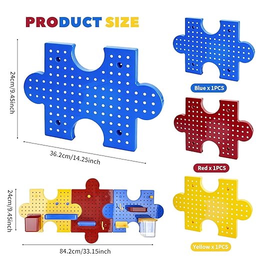 PTSGCAI 3-Pack Plastic Pegboard Panels Durable Modular Organizer Boards with 12pcs Combination Kit for Wall Storage, Garage, 
