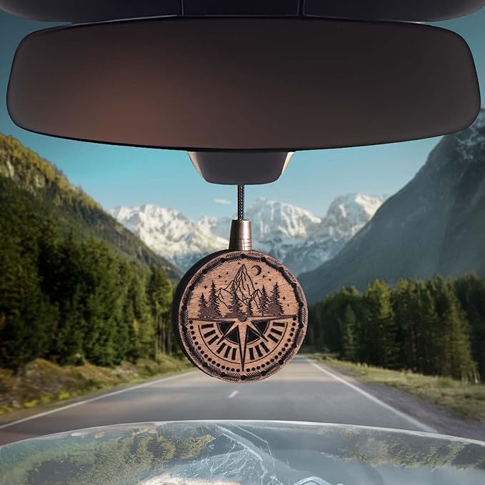 Wood Car Air Freshener — Compass Mountains — Handmade Unscented DIY Essential Oil Hanging Diffuser with Felt Insert — Add You