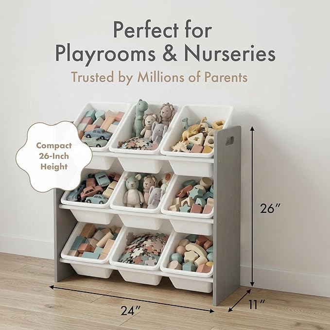 Humble Crew 9-Bin Toy Organizer – Inspire Grey with White Plastic Bins, 3-Tier Storage Solution for Kids' Playrooms and Nurse