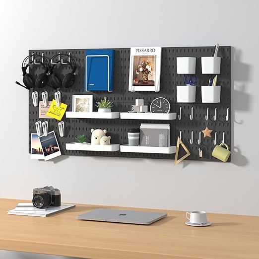 Pegboard Combination Kit, 8 Peg Boards and 30 Accessories Modular Hanging Black Pegboard for Wall, Office Organizer, Keys Hol