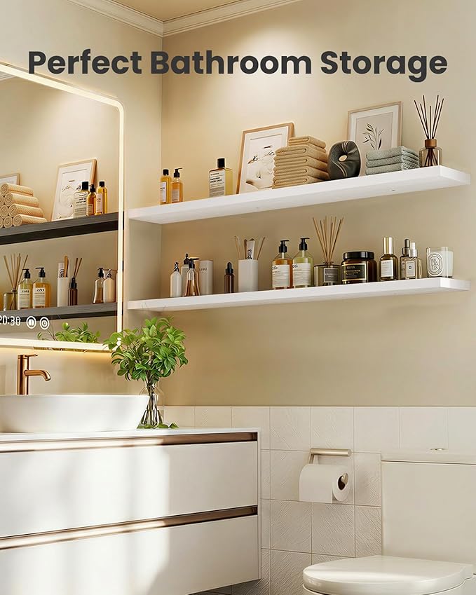 AMADA HOMEFURNISHING 47.2" L Floating Shelves, Wall Shelves Set of 3 for Bathroom/Living Room/Bedroom/Kitchen, White Floating