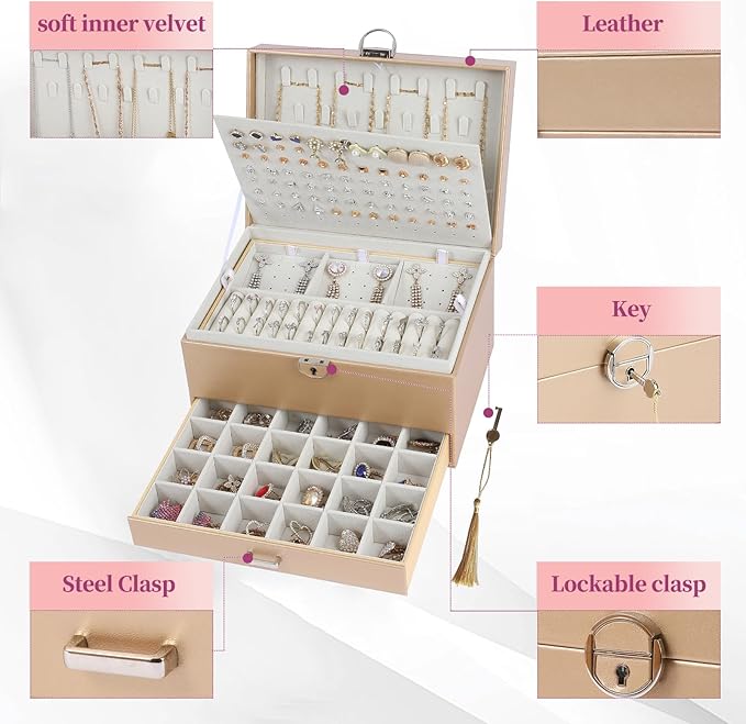 BOOVO Earring Jewelry Box For Women Girl Stud Organizer, 5 Layers Girl Jewelry Organizer Box With Lock Earring Holder Organiz