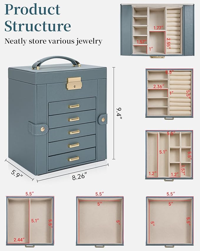 TORIBIO Large Jewelry Box for Women, Leather Jewelry Organizer with Mirror & Lock, 6-Tier Jewelry Storage Case for Girls/Wome