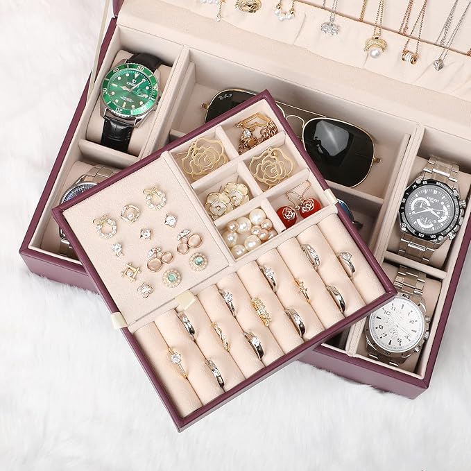 LANDICI Jewelry Box Organizer for Women, 2 Layer 4 Slot Watch Storage Case with Removable Tray, PU Leather Large Jewellery Ho