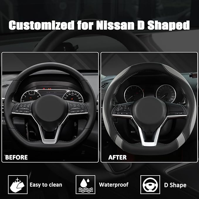 West Llama Flat Bottom Car Steering Wheel Cover for Nissan,D Shaped Steering Wheel Cover for Rogue,Altima,Kicks (Black+Gray-S