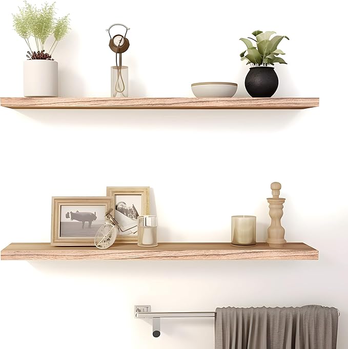PHPH 36 Inch Wood Floating Shelves for Wall, Wooden Wall Shelves for Bedroom, Set of 4 Light Brown