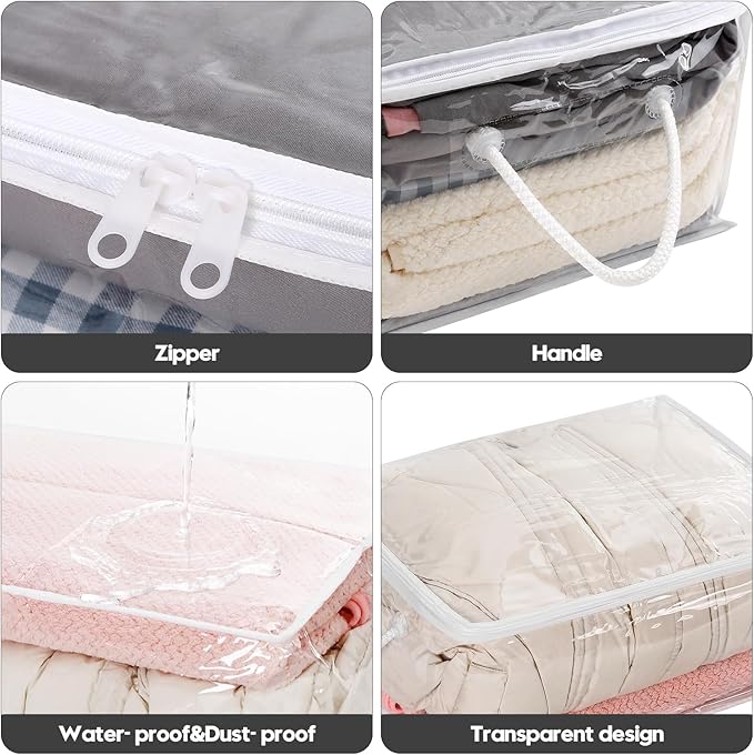 10 PCS Clear Zippered Storage Bags with Handle,Sweater Storage with Zipper,Foldable Closet Organizer Bed Sheet Organizer,Cube