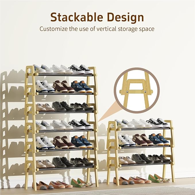 Stackable Shoe Rack Organizer, 3 Tier Shoe Rack for Closet, Bamboo Free Standing Shoe Storage, Shoe Stand for Front Door Entr