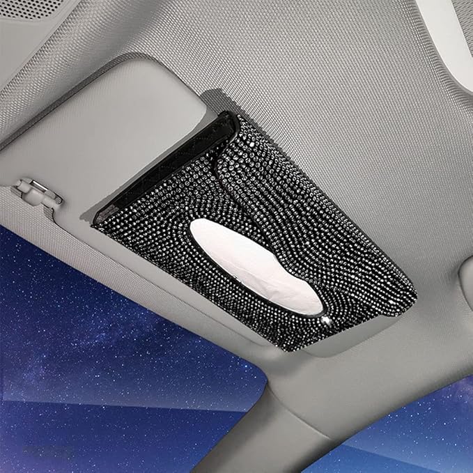 Bling Car Sun Visor Tissue Box Holder Pure Hand-Made Sparkling Crystal Auto Napkin Holder PU Leather Backseat Tissue Case for Women (Black)