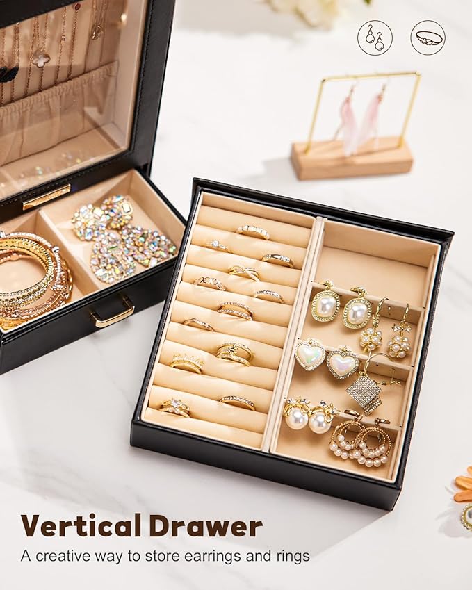 Homde Jewelry Organizer Girls Women Jewelry Box for Necklaces Rings Earrings Gift Bracelets Storage Case (Black + Gold)