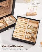 Homde Jewelry Organizer Girls Women Jewelry Box for Necklaces Rings Earrings Gift Bracelets Storage Case (Black + Gold)