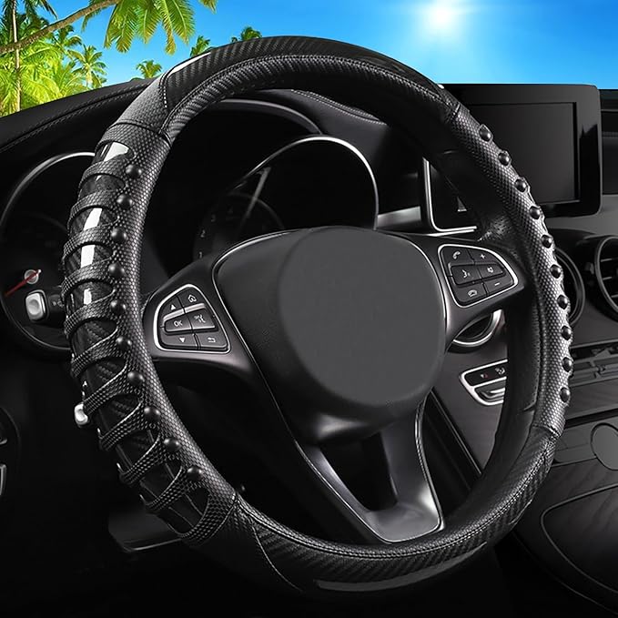 Car Leather Steering Wheel Cover - Carbon Fibre Material, Universal 14.5-15 Inch Leather Anti-Slip Breathable Auto Steering W
