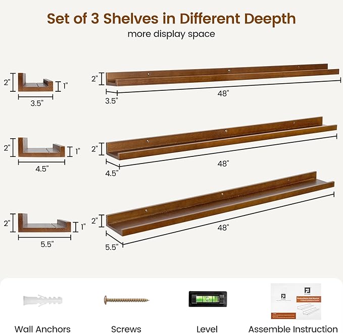 Picture Ledge Wall Shelves 48 Inches Width Set of 3, Solid Pine Wood Rustic Floating Ledge for Kids' Room Bedroom Kitchen Bat